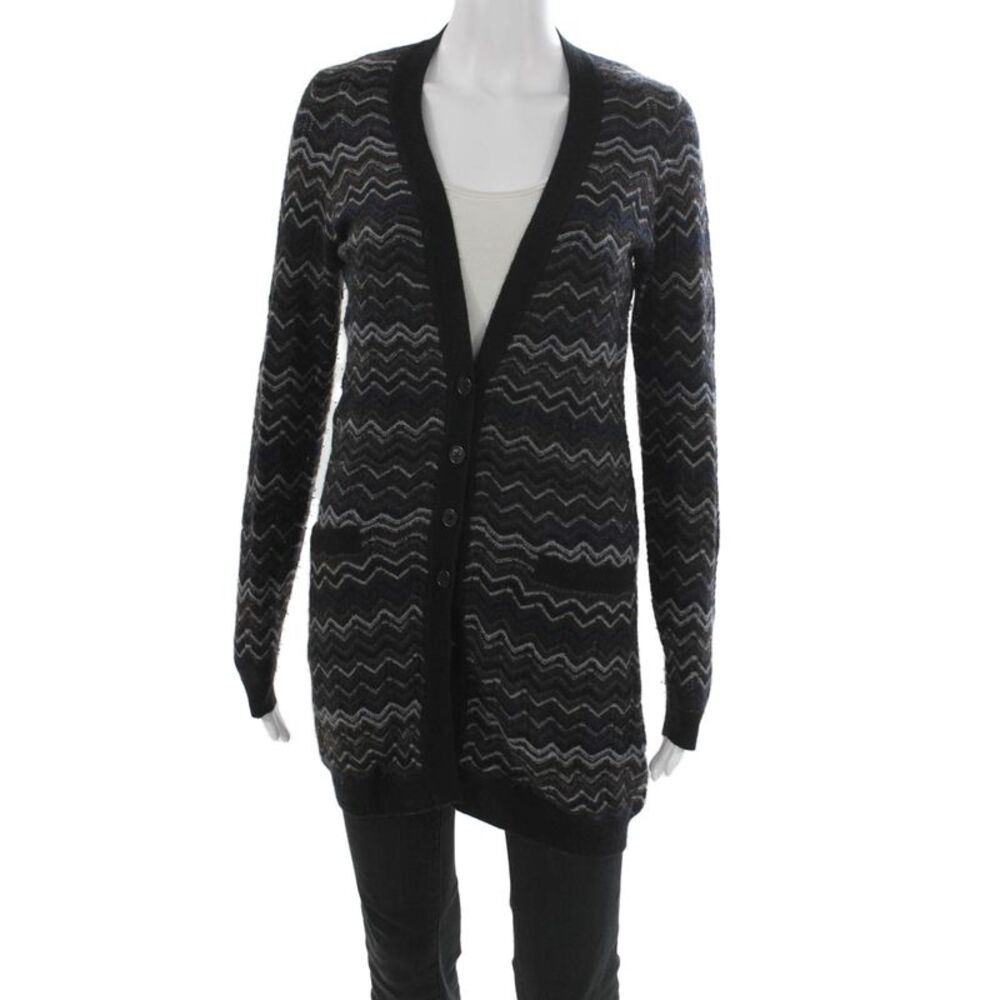 Kinross Cashmere Womens Black Geometric V-Neck Cardigan Long Sleeve Size S